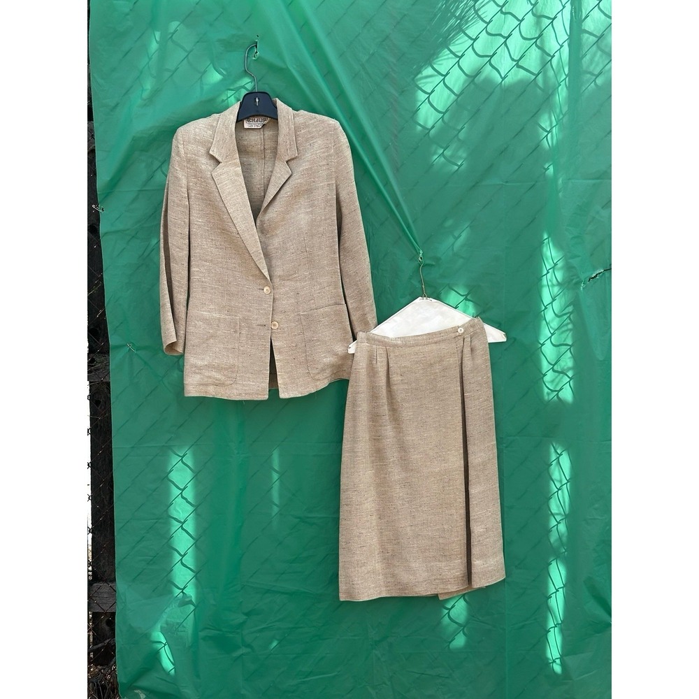 Vintage Chaus Linen Silk Suit Set Blazer Skirt‎ Beige Women 6